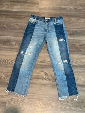 Free People Two Toned Straight Leg Distressed Jean Women’s size 25 Boho Raw Hem